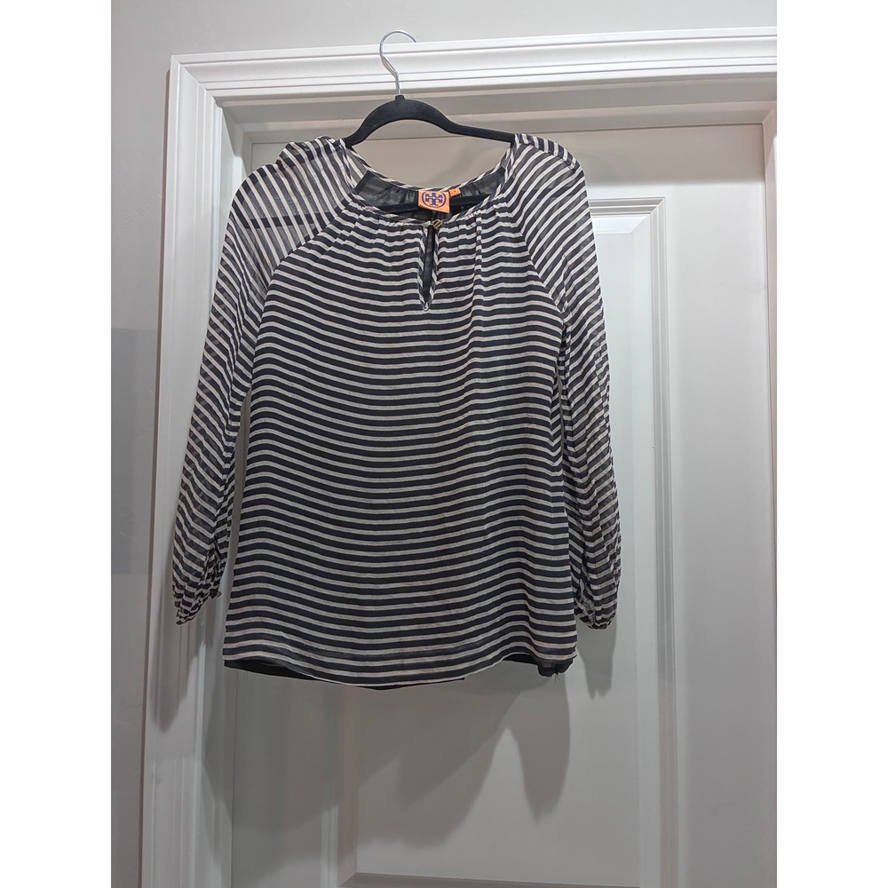 Tory Burch Black Cream Striped 100% Silk Chiffon Raglan Keyhole Blouse Size 6